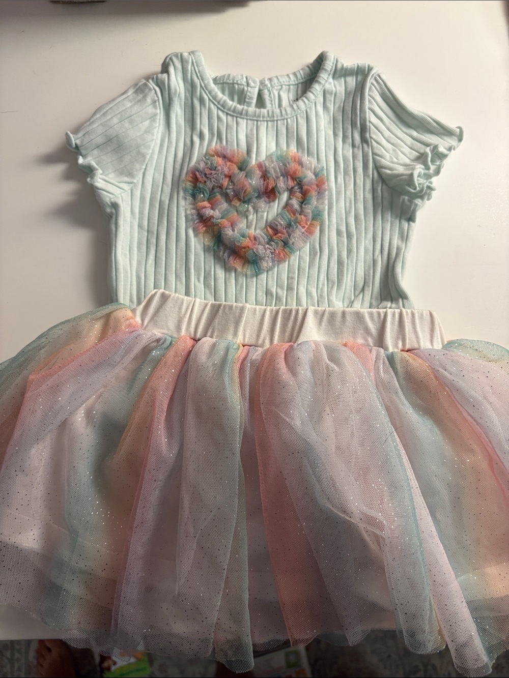 Little Me Mint Green Top with Pastel Rainbow Tulle Skirt